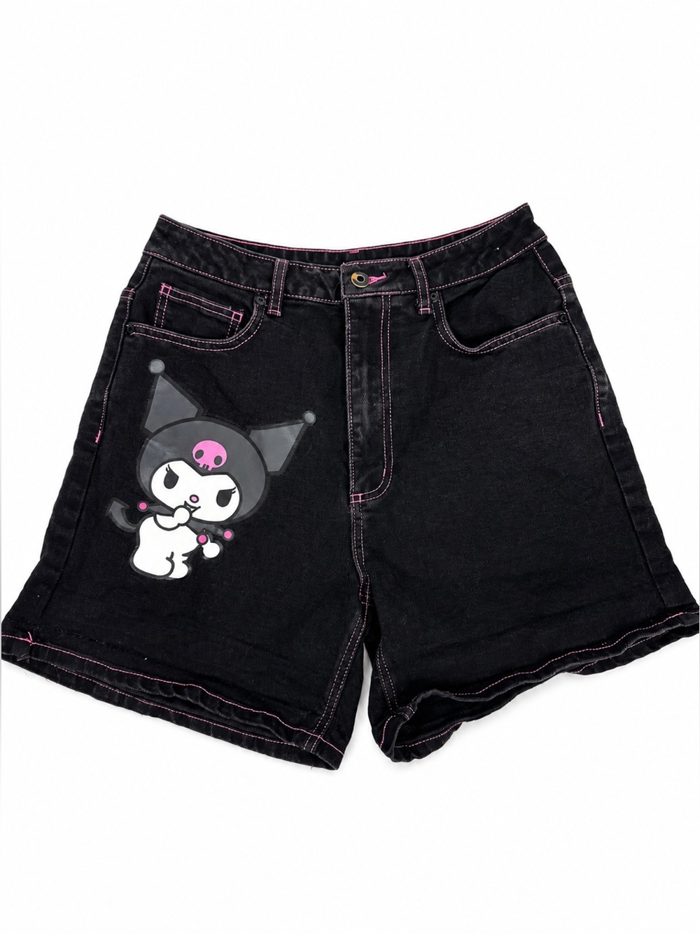 Y2K Kuromi Black Denim Shorts Pink Stitching Sanrio Mall Goth Emo